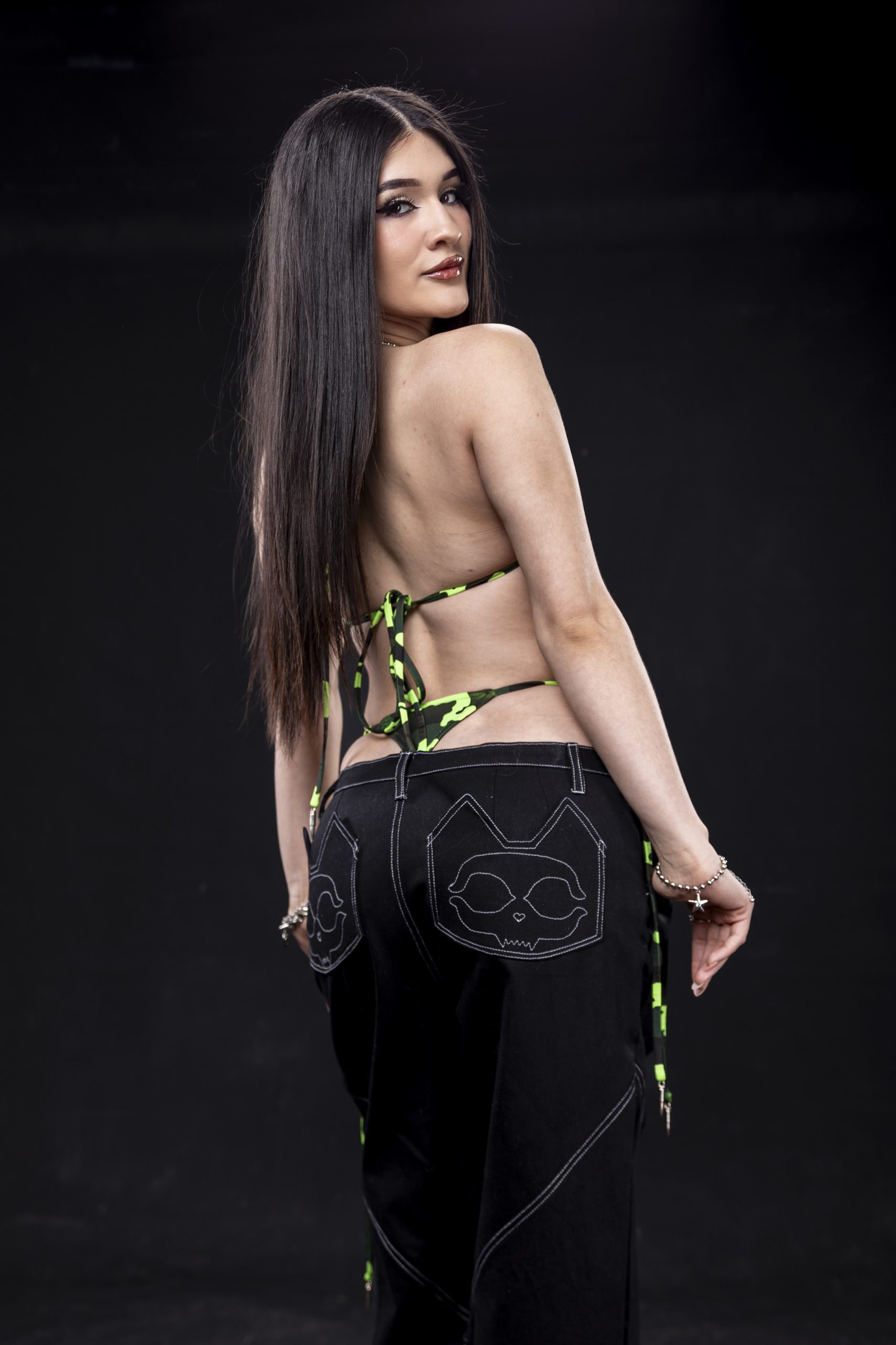 Le Petite Chatte — Black Cat Skull Pocket Wide‑Leg Pants